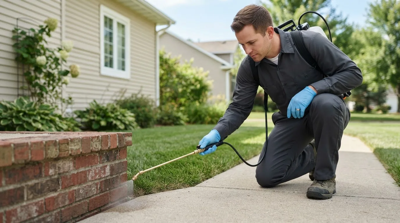 Pest control technician treating a home near Forest, IN